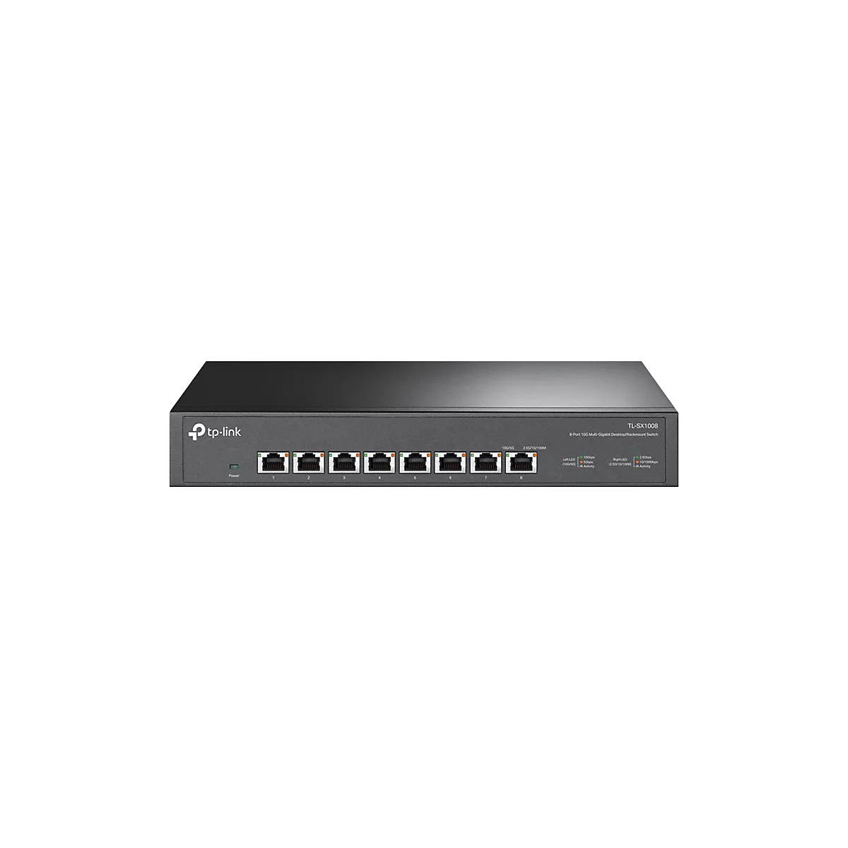 Ein schwarzer TP-Link Netzwerk-Switch, mit 8 Ports und LED-Anzeigen, vor weißem Hintergrund.