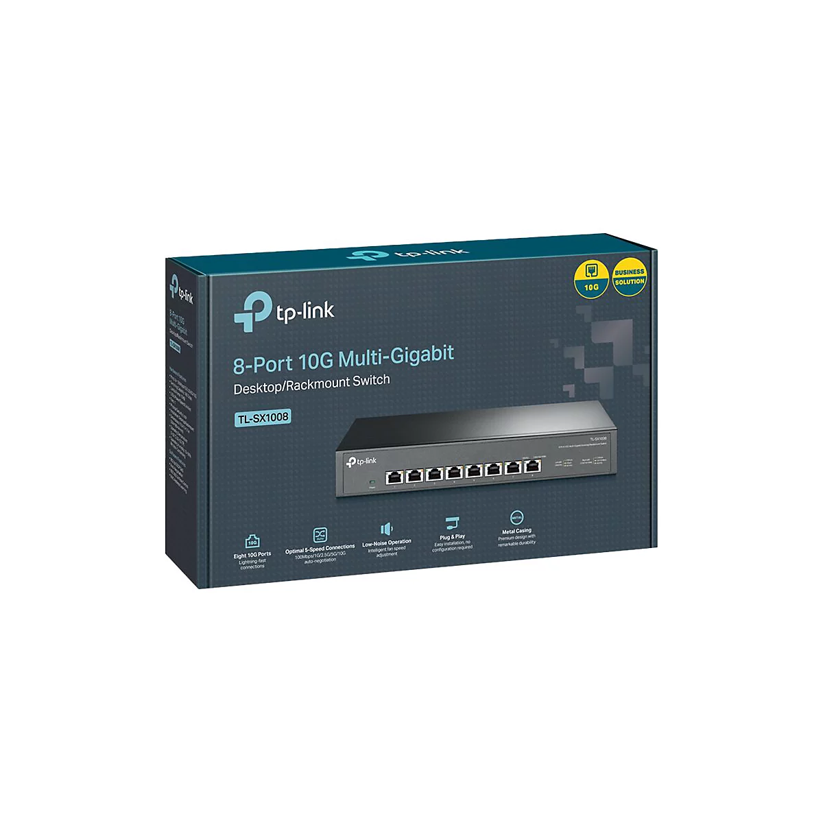 Verpackung des TP-Link 8-Port 10G Multi-Gigabit Switches TL-SX1008 auf weißem Hintergrund.