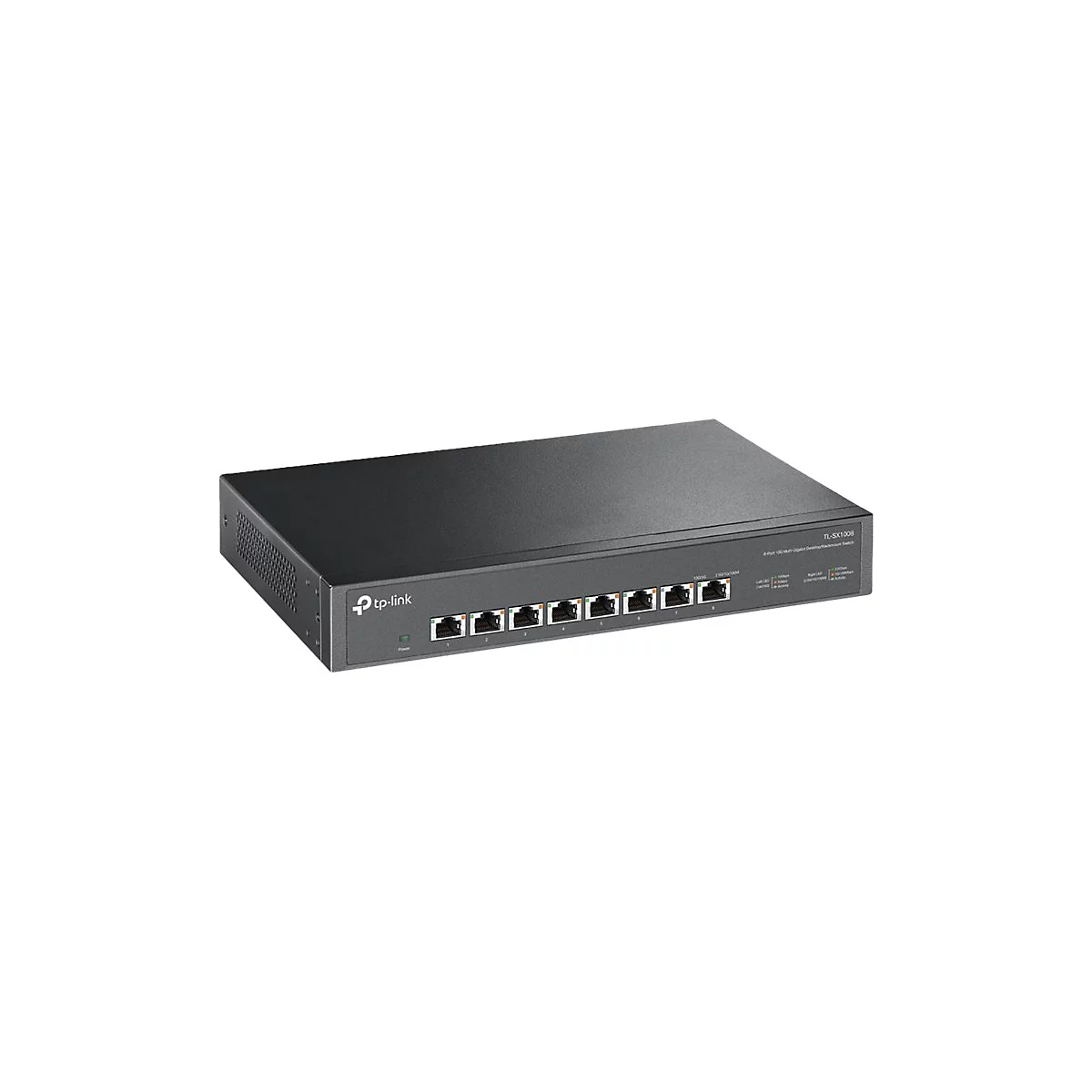 Schwarzer Netzwerk-Switch von TP-Link mit acht Ports.