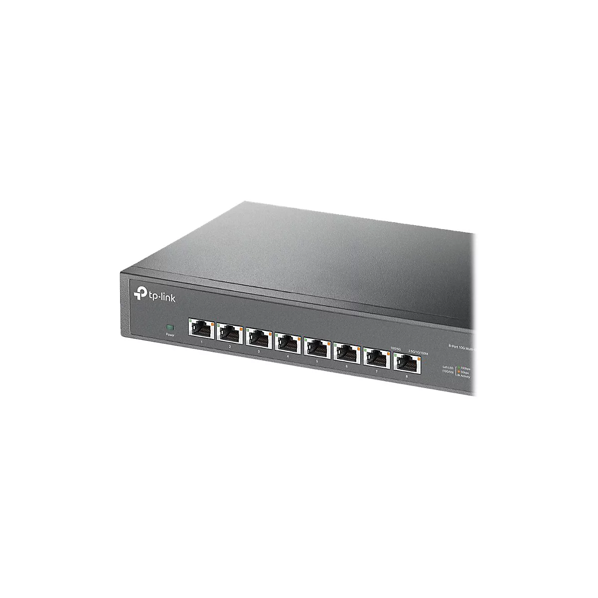 Ein schwarzer TP-Link Switch mit acht Ports, Anschlüssen und LED-Anzeigen. Das Gerät ist im Detail abgebildet.