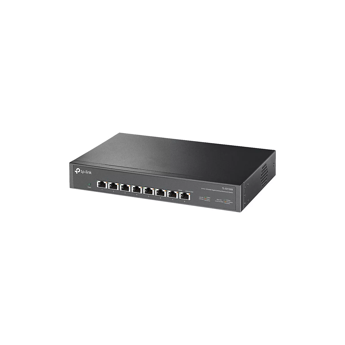 Schwarzer TP-Link Switch TL-SX1008 mit 8 Anschlüssen. Aufschrift: 8-Port 10G Multi-Gig Desktop/Rackmount Switch.