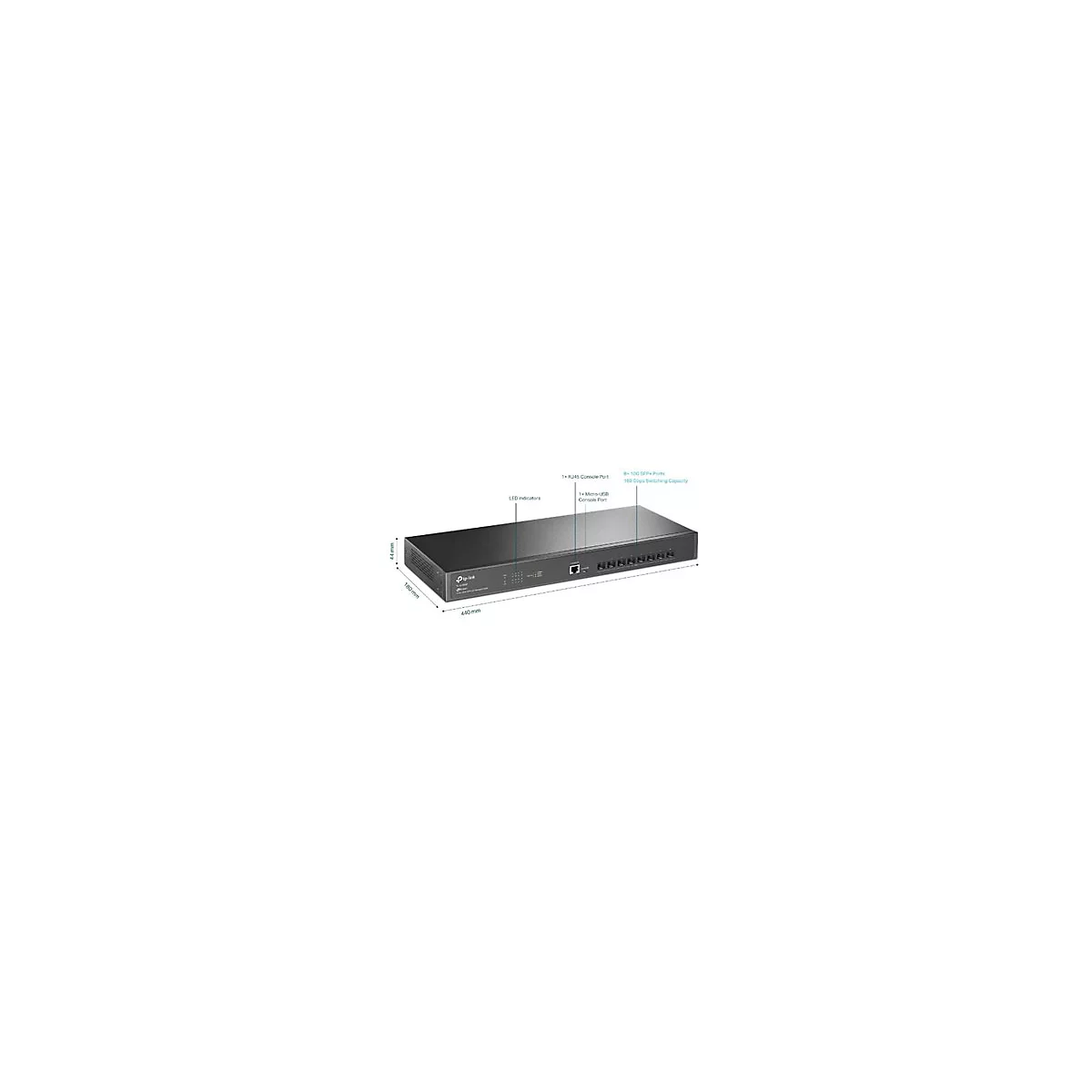 Schwarzer Netzwerk-Switch von TP-Link mit Beschriftungen: RJ45-Konsolen-Port, Micro-USB-Konsolen-Port, 8x SFP+ Ports und LED-Anzeigen.
