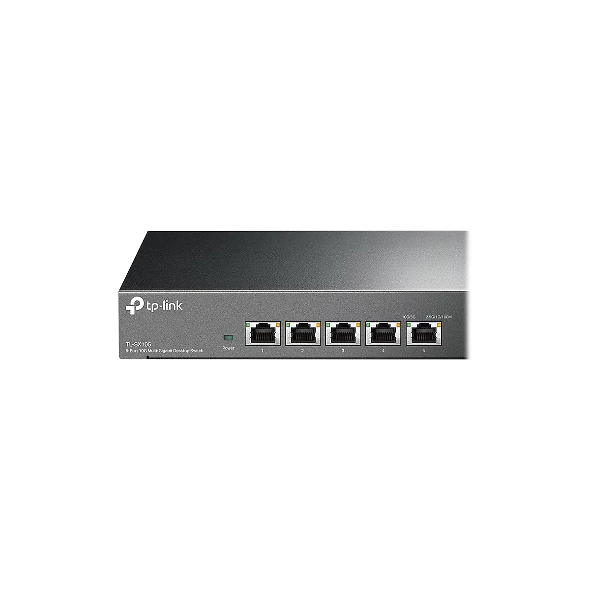 Grauer Netzwerk-Switch mit 5 Anschlüssen und dem Logo von tp-link.