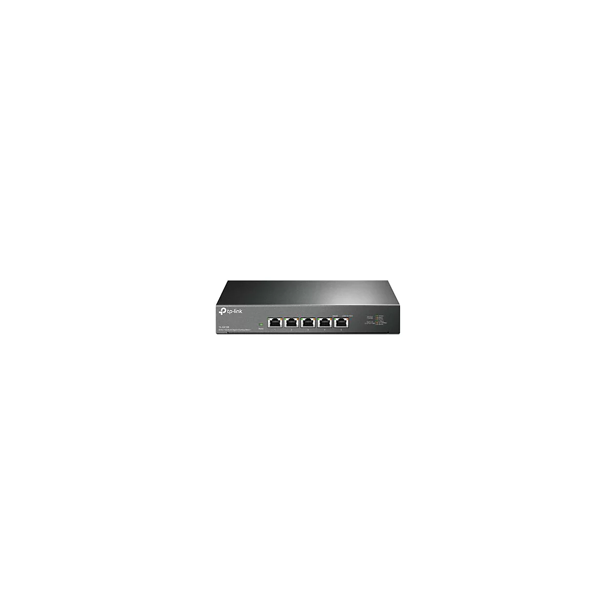 Grauer Netzwerk-Switch mit fünf Ethernet-Ports und LED-Anzeigen, TP-Link-Logo.