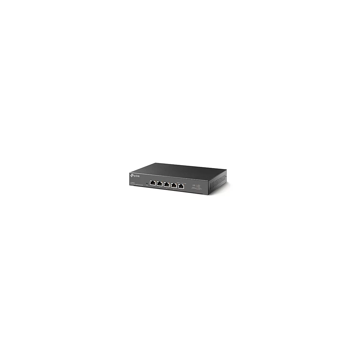 Schwarzer Netzwerk-Switch mit sechs Ethernet-Ports. Auf dem Gerät steht "tp-link".