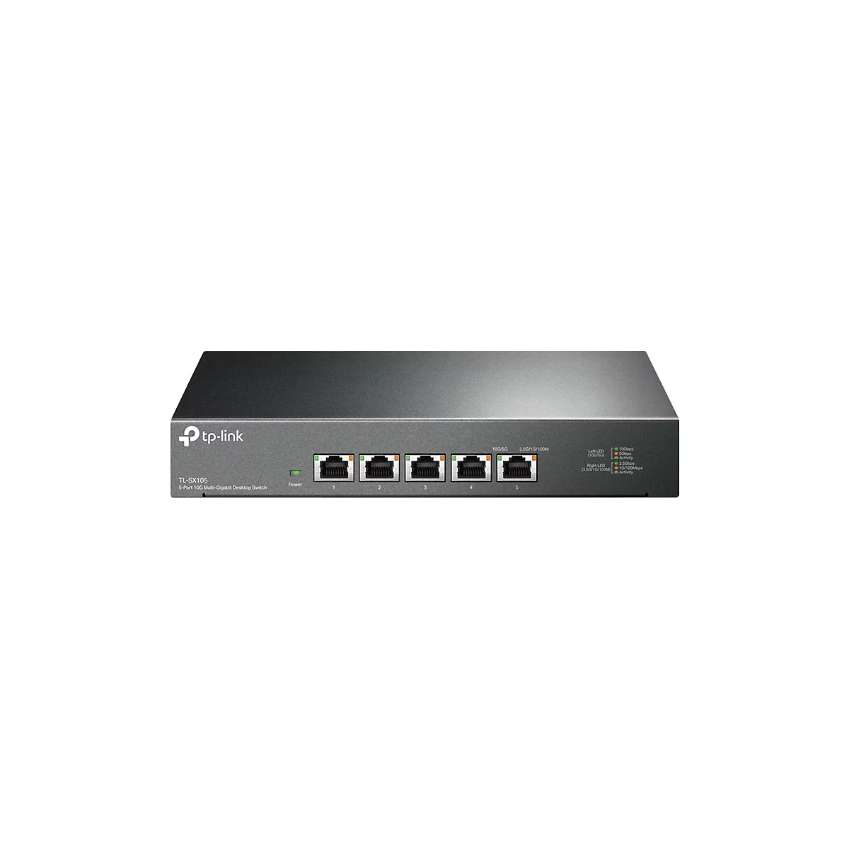 Ein schwarzer TP-Link-Switch mit fünf Anschlüssen. Auf der Vorderseite sind Anschlüsse, LEDs und das Logo zu sehen.