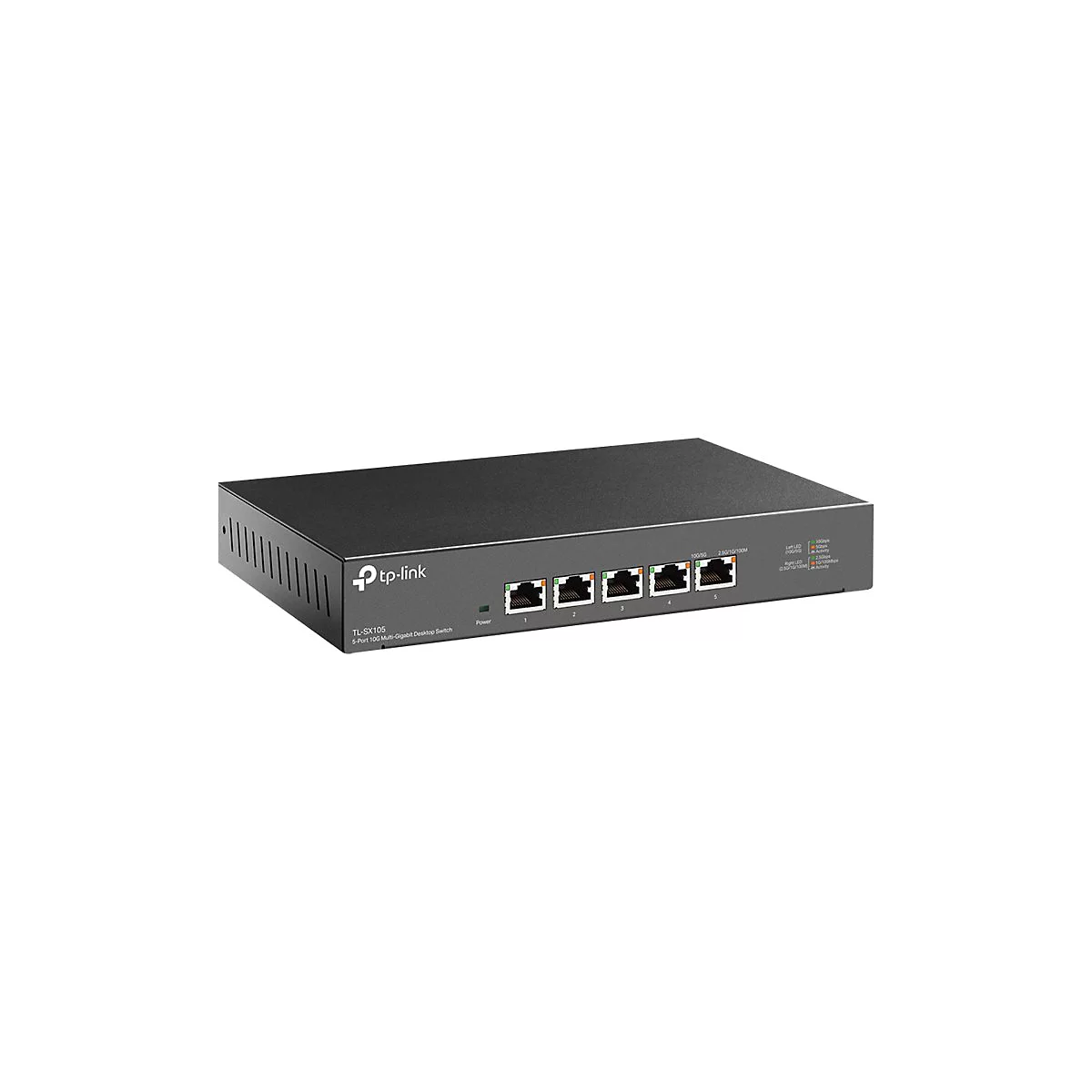 Schwarzer Netzwerk-Switch von tp-link mit fünf Anschlüssen. Beschriftung: TL-SX105, 5-Port 100 Multi-Gigabit Desktop Switch.