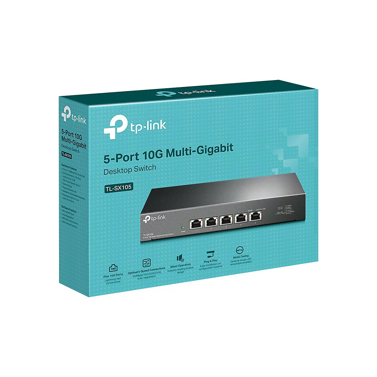 TP-Link 5-Port 10G Multi-Gigabit Desktop Switch TL-SX105 in Produktverpackung.