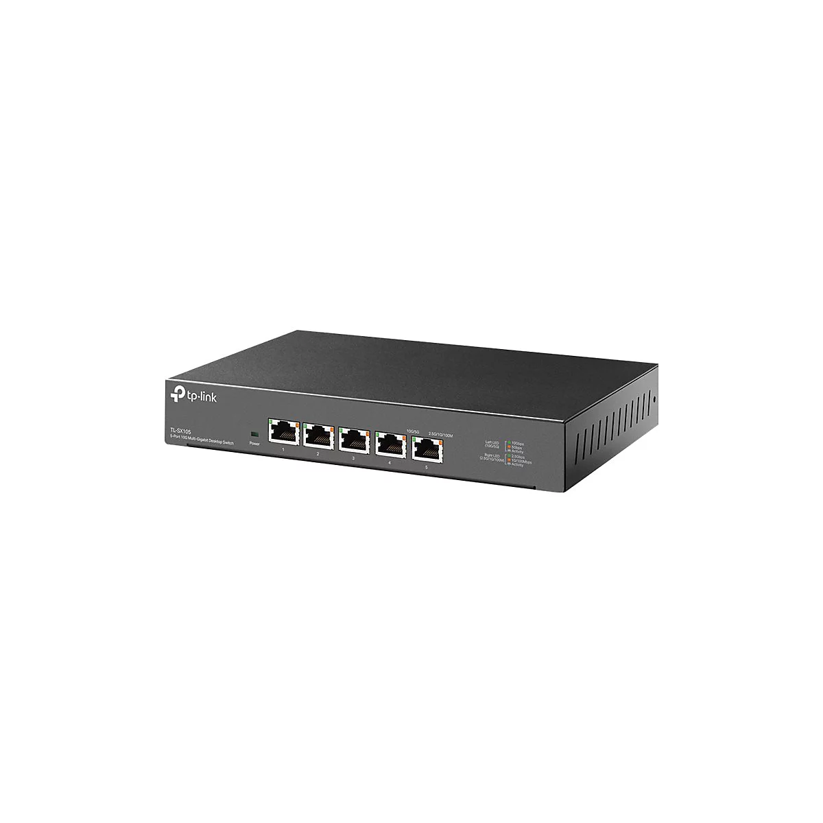 Schwarzer Netzwerk-Switch von tp-link, mit Anschlüssen, Beschriftungen und LED-Anzeigen.