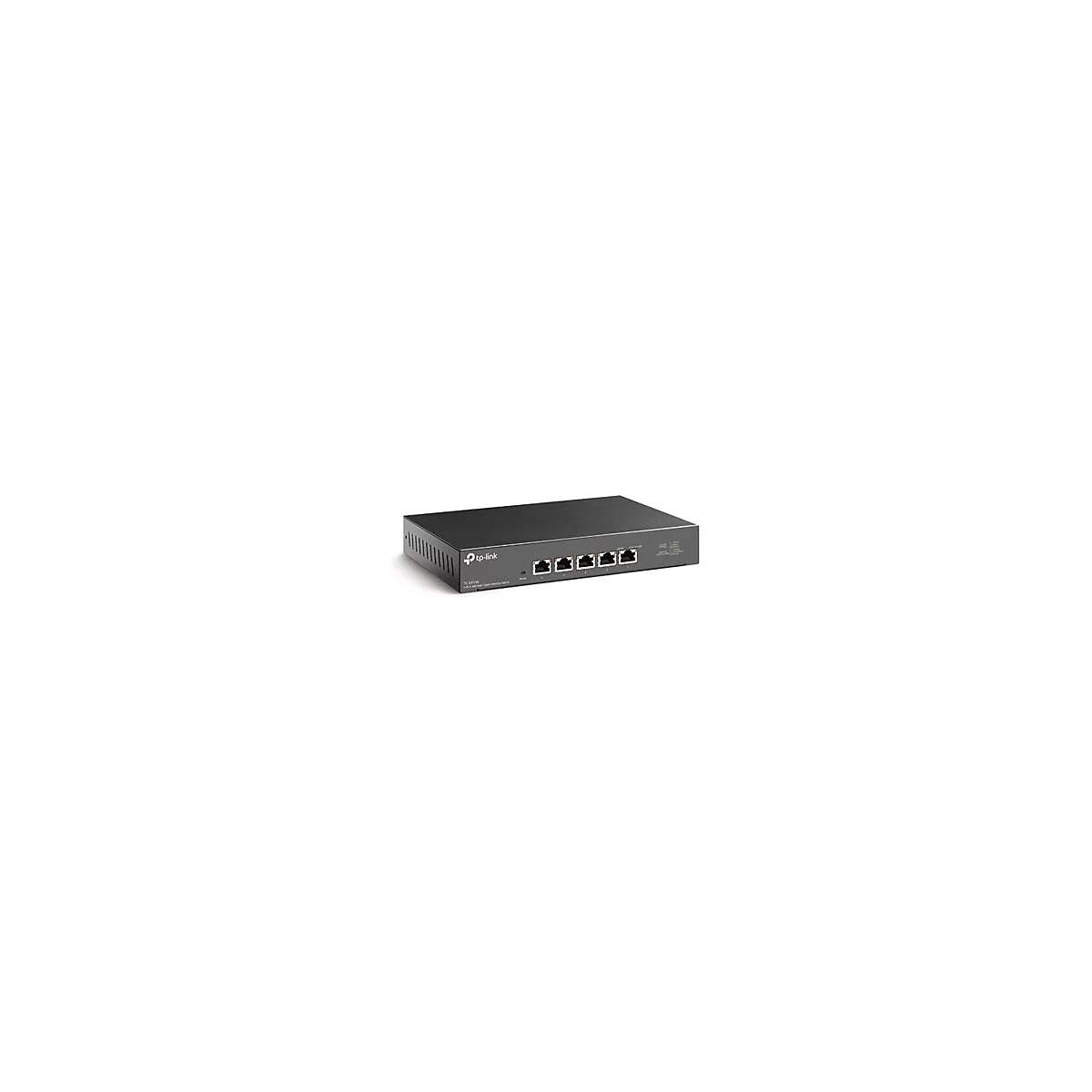 Schwarzer Netzwerk-Switch mit fünf Anschlüssen, Marke tp-link, auf weißem Hintergrund.