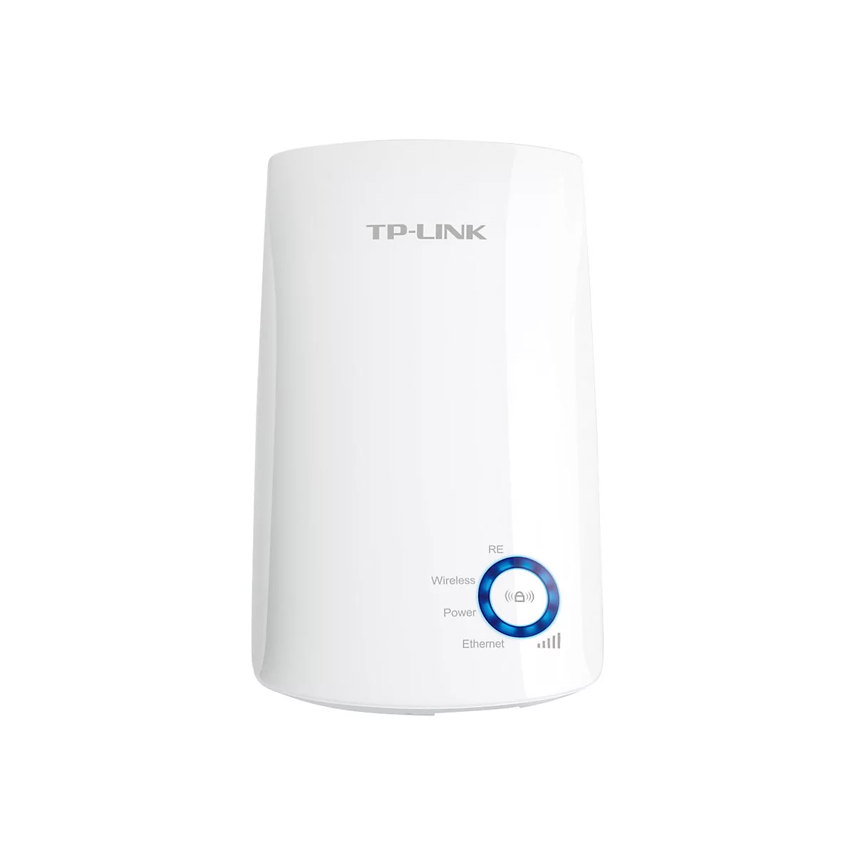 Weißer TP-Link WLAN-Repeater mit blauer LED-Anzeige.