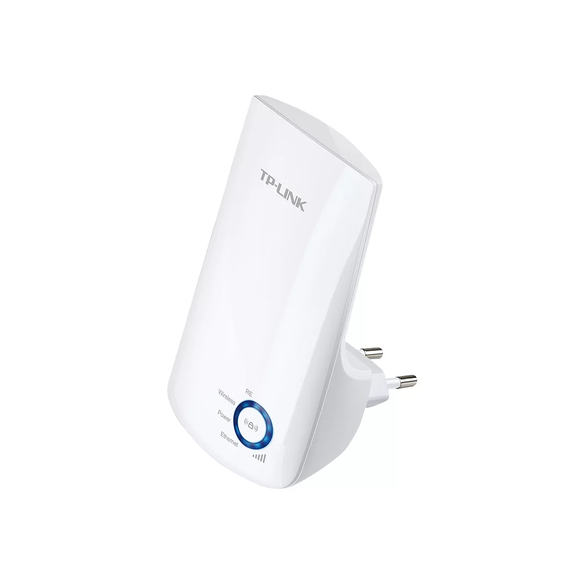 Weißer TP-Link-WLAN-Repeater mit Stecker, blaue LED-Anzeigen.