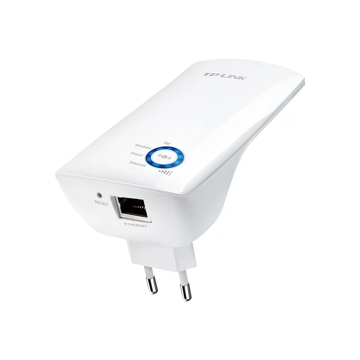 Weißer TP-Link WLAN-Repeater mit blauer LED und Ethernet-Anschluss; Stecker unten.