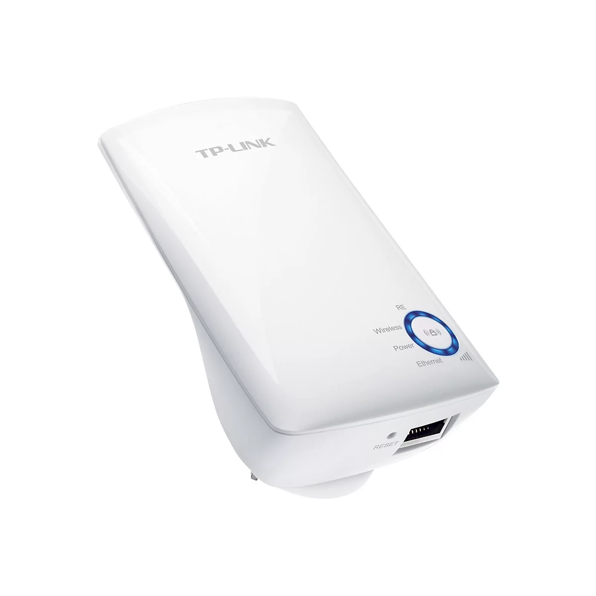 Ein weißer TP-Link-WLAN-Repeater. Auf der Oberseite befindet sich eine blaue LED-Anzeige, darunter stehen Wörter wie „Wireless“ und „Ethernet“.