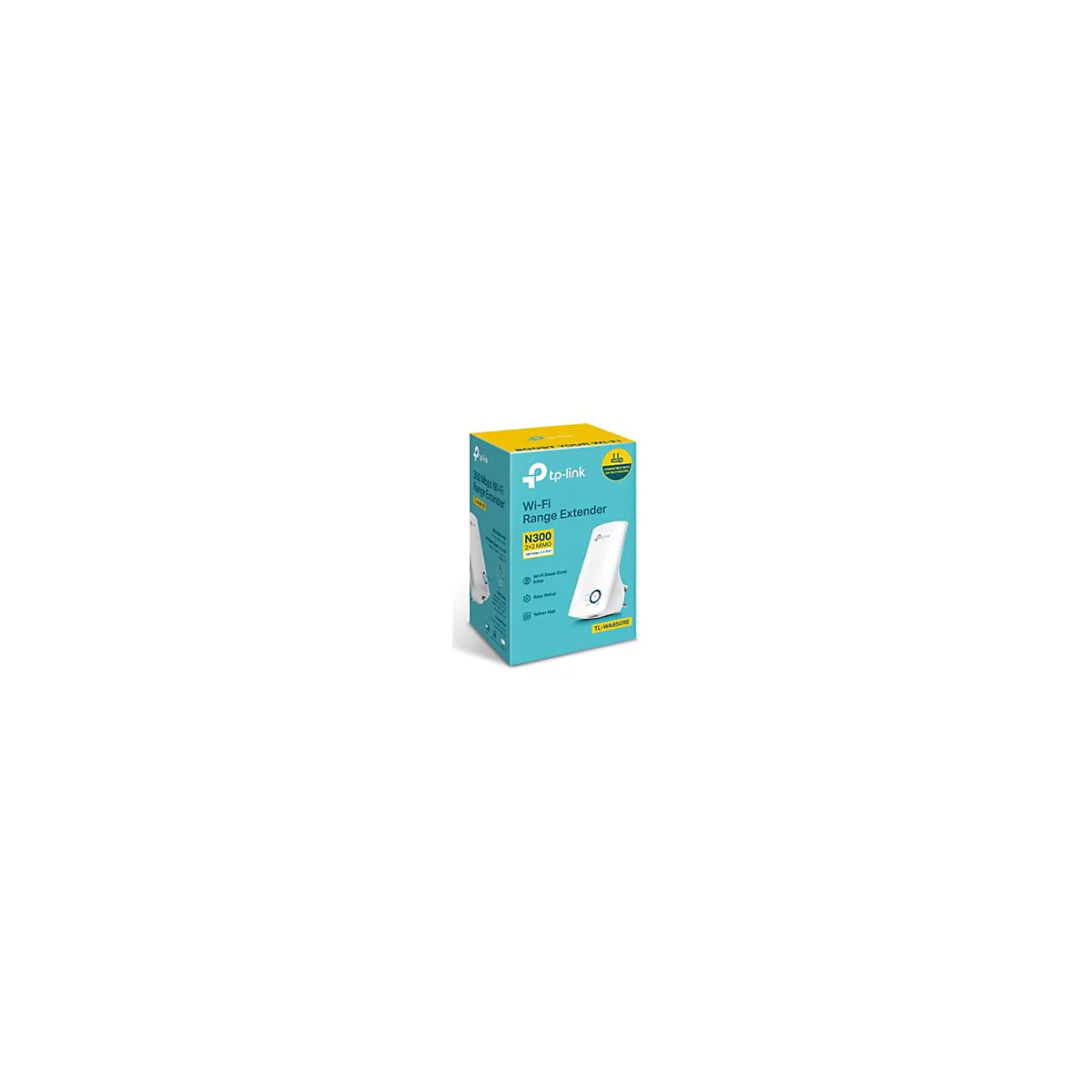 Ein Wi-Fi Range Extender von tp-link, verpackt in einer blau-gelben Box. Auf der Box ist ein Bild des Geräts sowie technische Daten abgebildet.