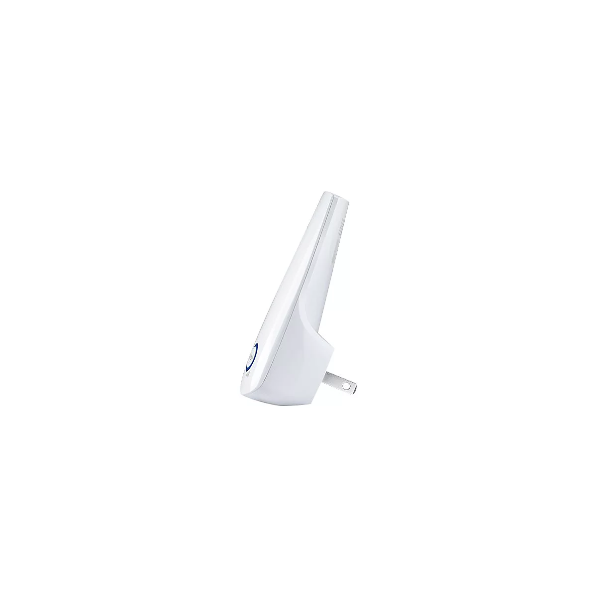 Weißer WLAN-Repeater mit blauem Knopf. Auf weißem Grund.