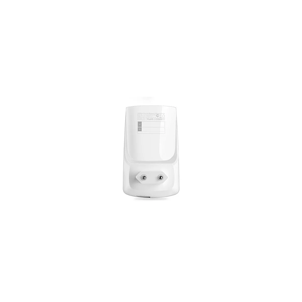 Ein weißer WLAN-Repeater mit Stecker und technischen Daten auf der Rückseite.