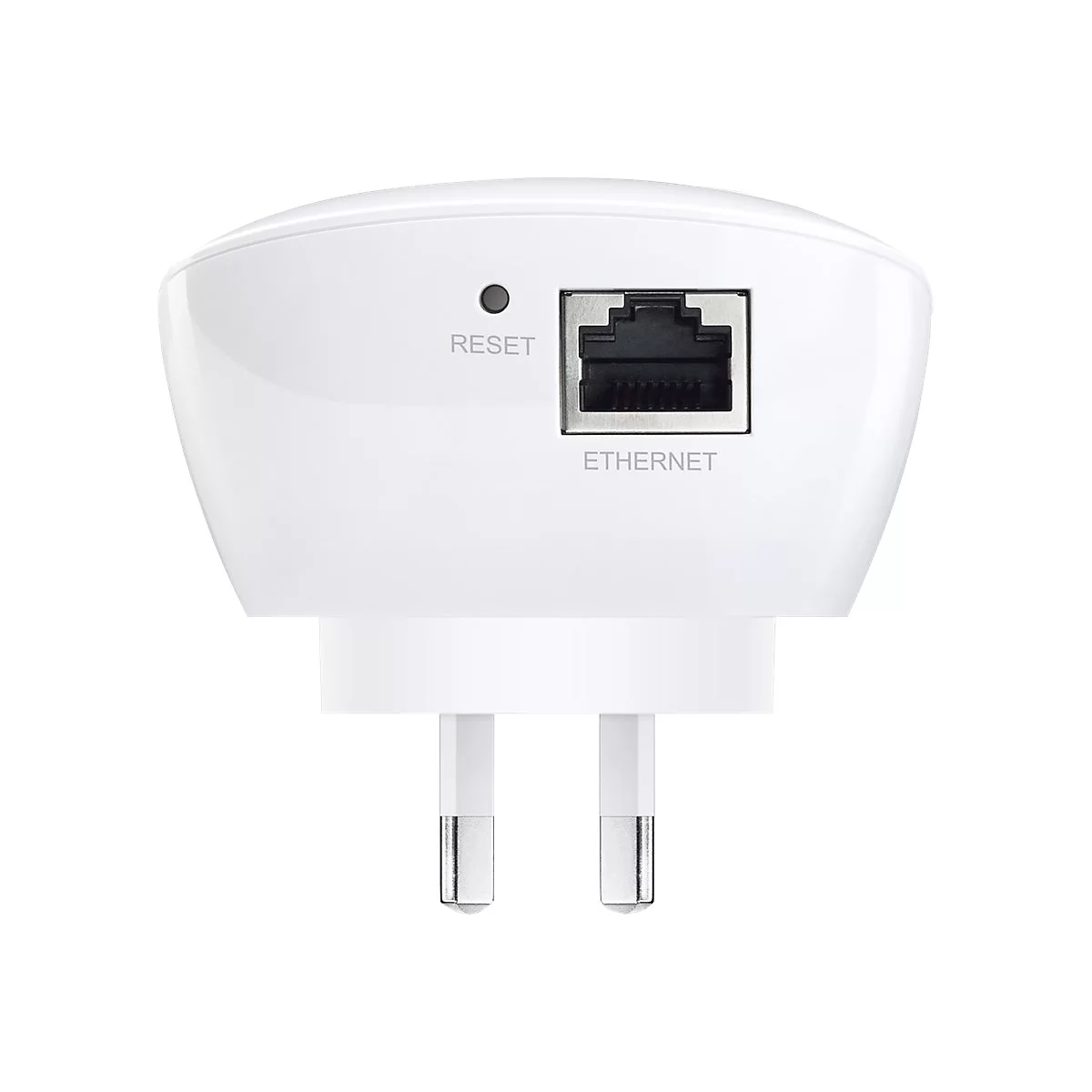 Weißer WLAN-Repeater mit Reset-Knopf, Ethernet-Anschluss und Netzstecker.