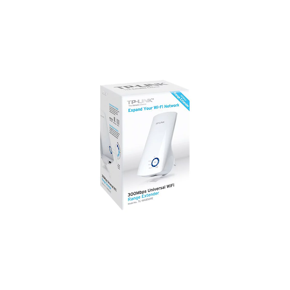 Produktverpackung eines weißen TP-Link WLAN-Range-Extenders vor weißem Hintergrund.