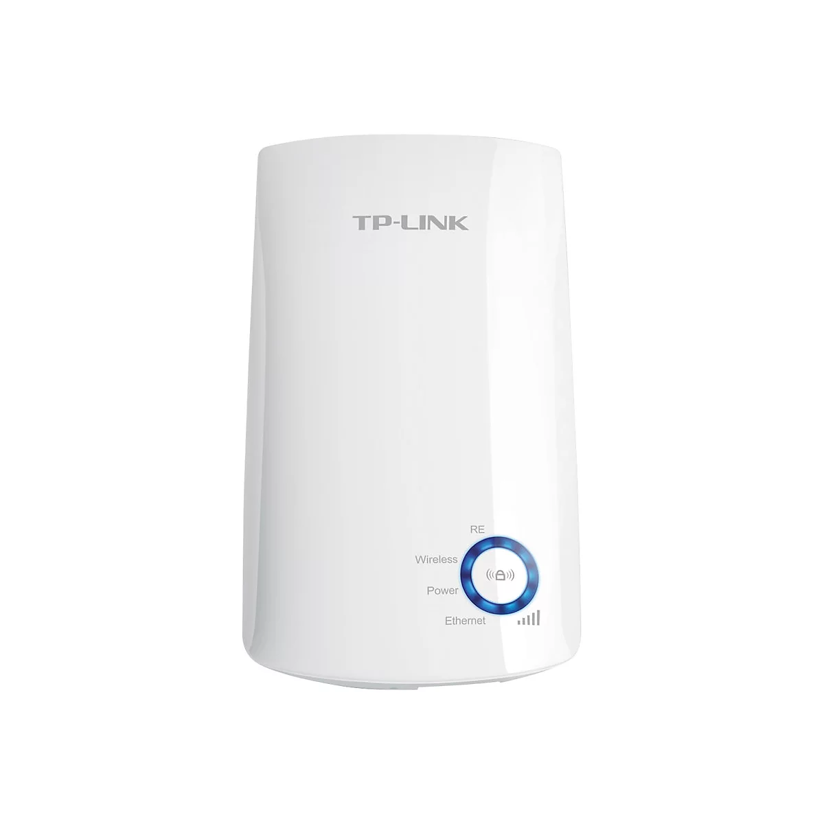 Weißer TP-Link WLAN-Repeater mit leuchtendem, blauem Ring und Statusanzeigen vor weißem Hintergrund.
