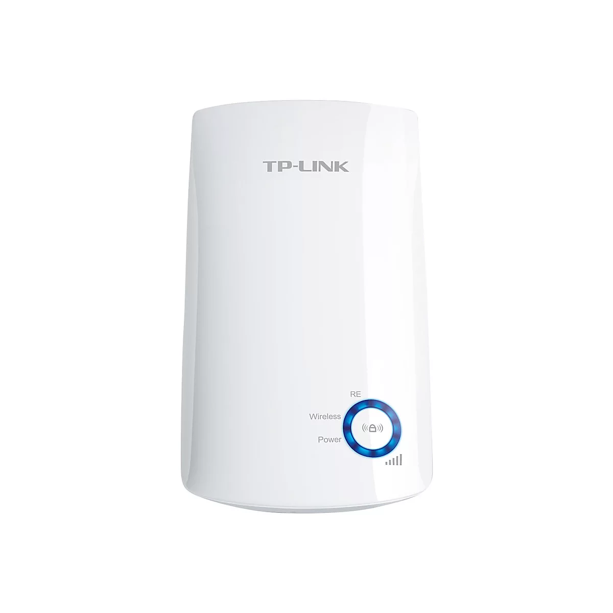 Weißer TP-Link WLAN-Repeater mit blauer LED-Anzeige. Die Beschriftung lautet 'TP-Link', 'Wireless', 'Power' und 'RE'.