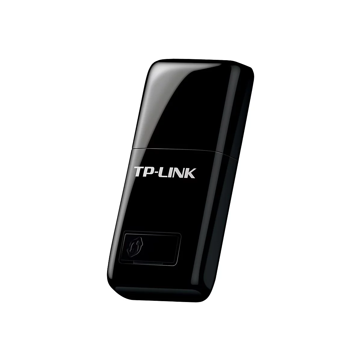 Ein schwarzer TP-Link WLAN-Adapter, der gegen einen weiÃŸen Hintergrund gehalten wird.