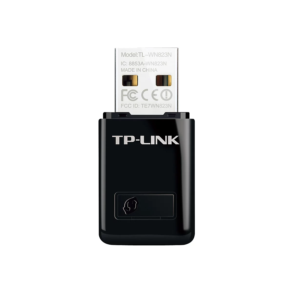 Schwarzer USB-WLAN-Adapter von TP-Link. Das Produkt hat einen schwarzen KÃ¶rper und einen weiÃŸen Stecker mit Aufdruck.