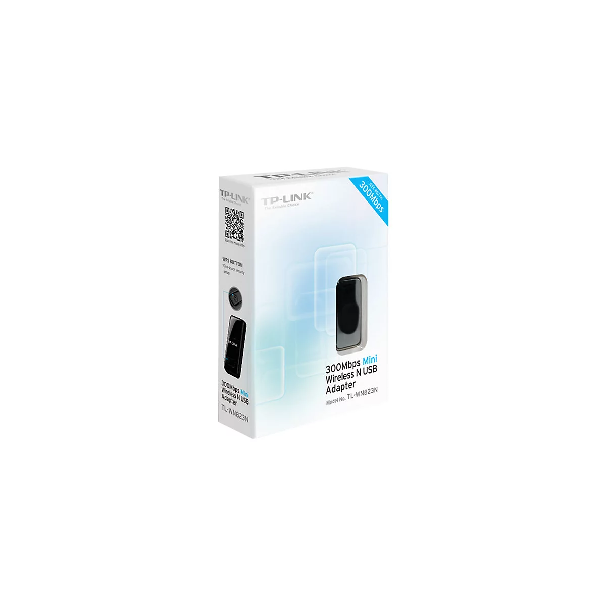 Produktverpackung des TP-Link 300Mbps Mini Wireless N USB Adapters, weiÃŸer Hintergrund.