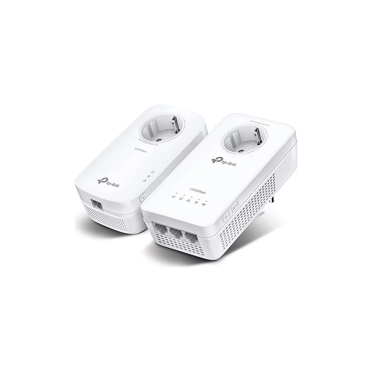 Zwei weiße TP-Link Powerline-Adapter mit Steckdosenanschluss und LAN-Ports auf weißem Hintergrund.