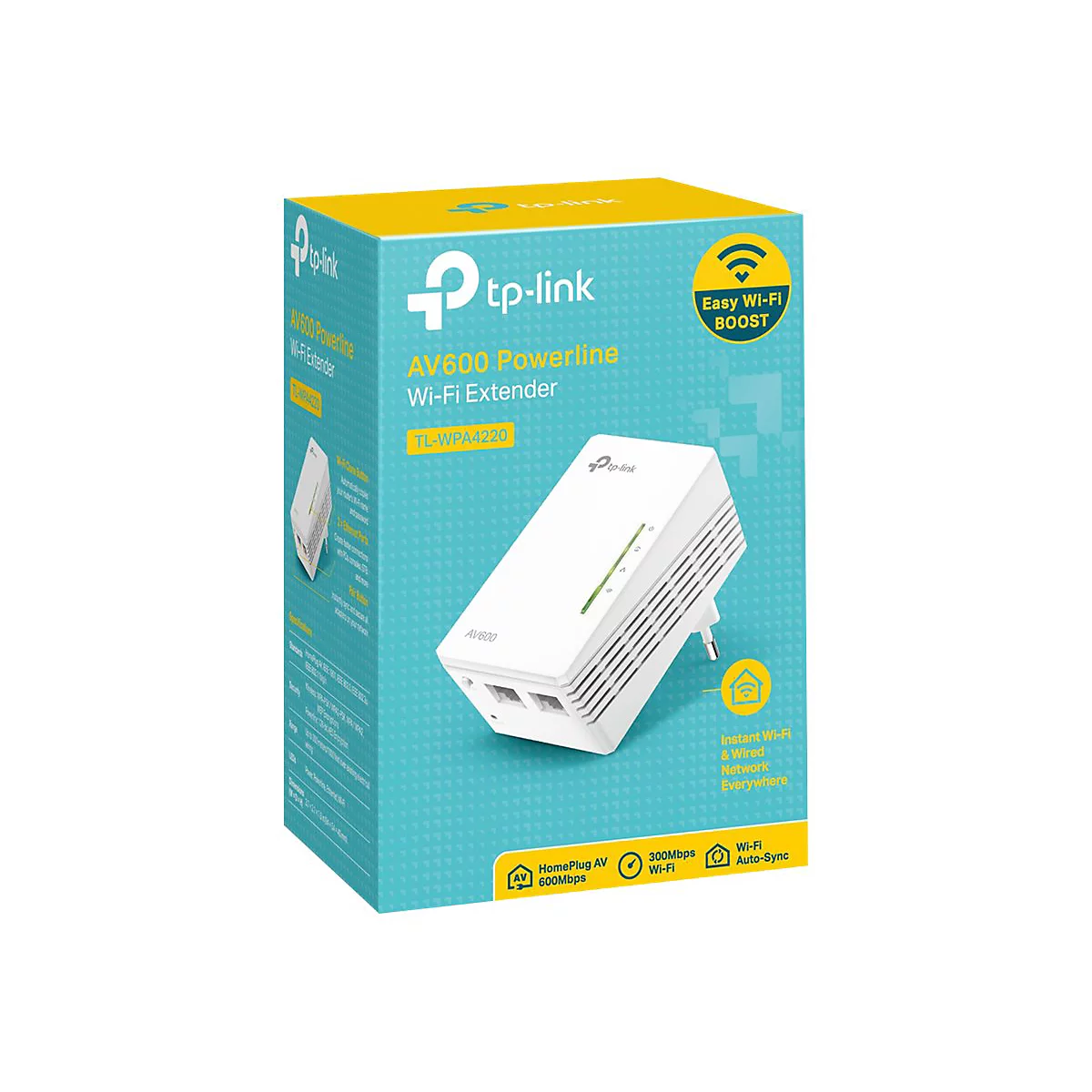 Eine Nahaufnahme der Produktverpackung eines TP-Link AV600 Powerline Wi-Fi Extenders. Die Verpackung zeigt Produktinformationen und das Gerät.