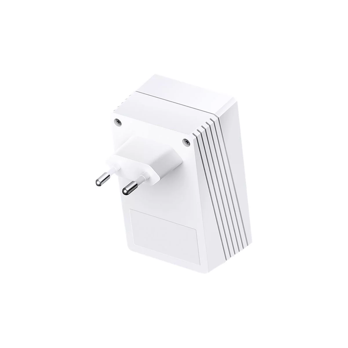 Weißer WLAN-Repeater mit Stecker, perspektivisch abgebildet.