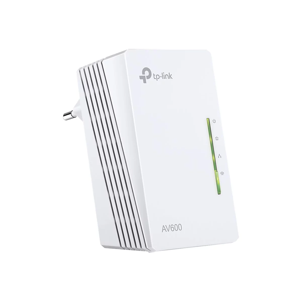 Weißer TP-Link AV600 Powerline-Adapter, eingesteckt, mit leuchtenden Statusanzeigen.