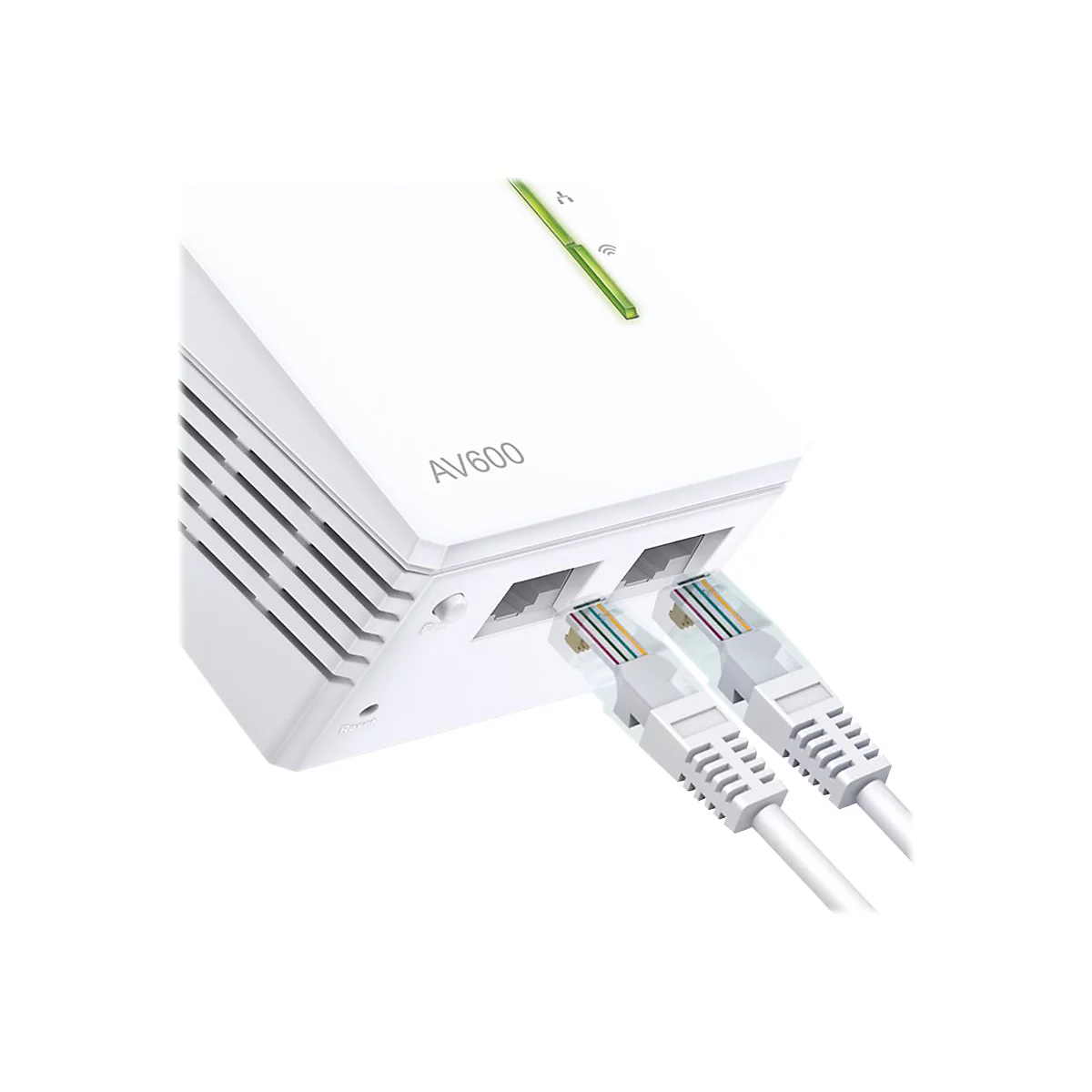 Weißer WLAN-Repeater mit zwei LAN-Kabeln. Aufschrift: AV600. Kabel stecken in den Anschlüssen.