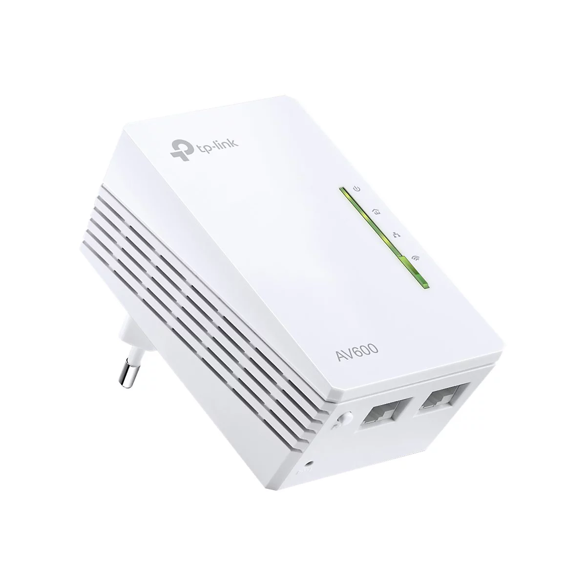 Weißer TP-Link AV600 Powerline Adapter, mit Steckdose und LED-Anzeige, auf weißem Hintergrund.