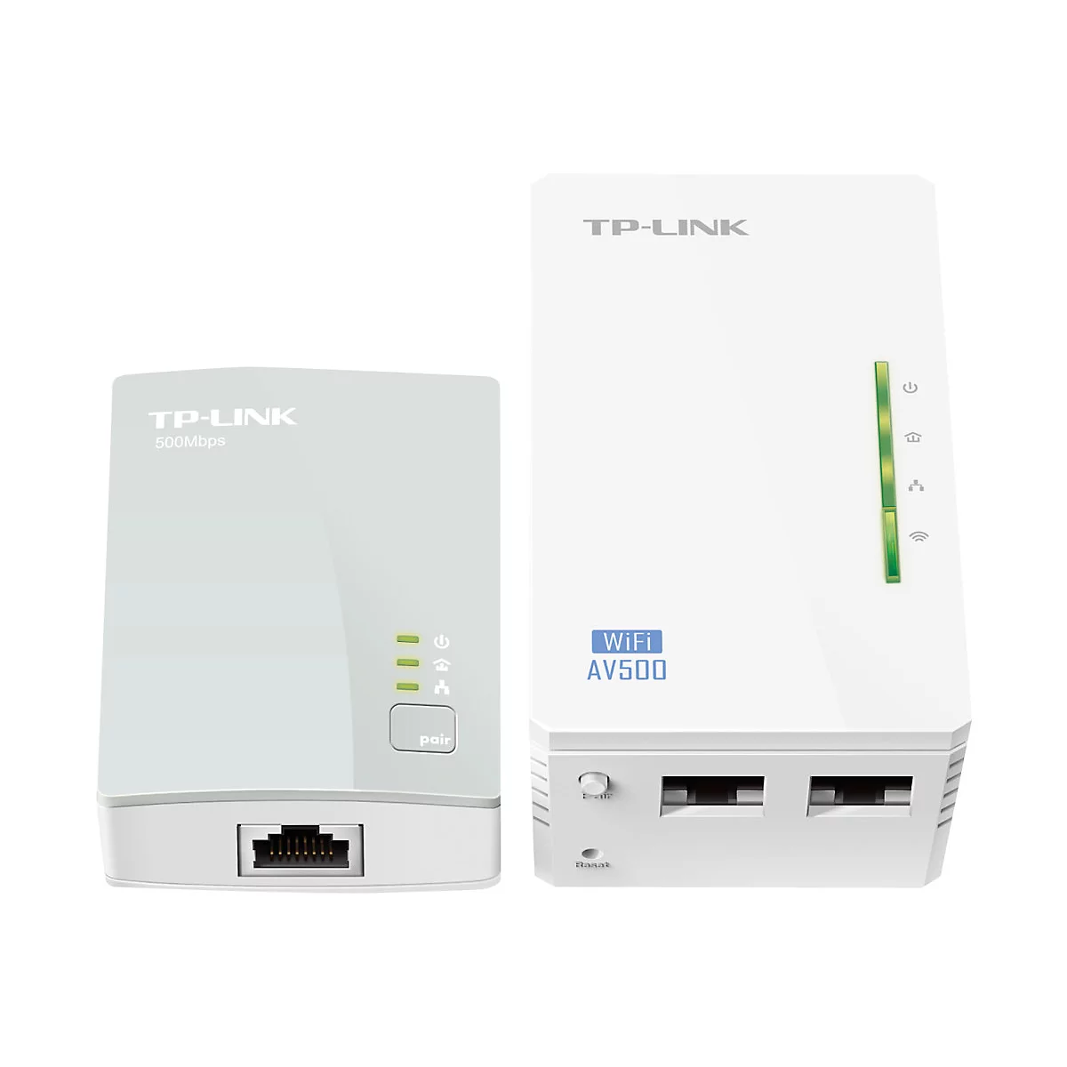 Zwei weiße TP-Link WLAN-Repeater. Einer steht, einer steckt in der Steckdose. Details: LEDs, Anschlüsse.