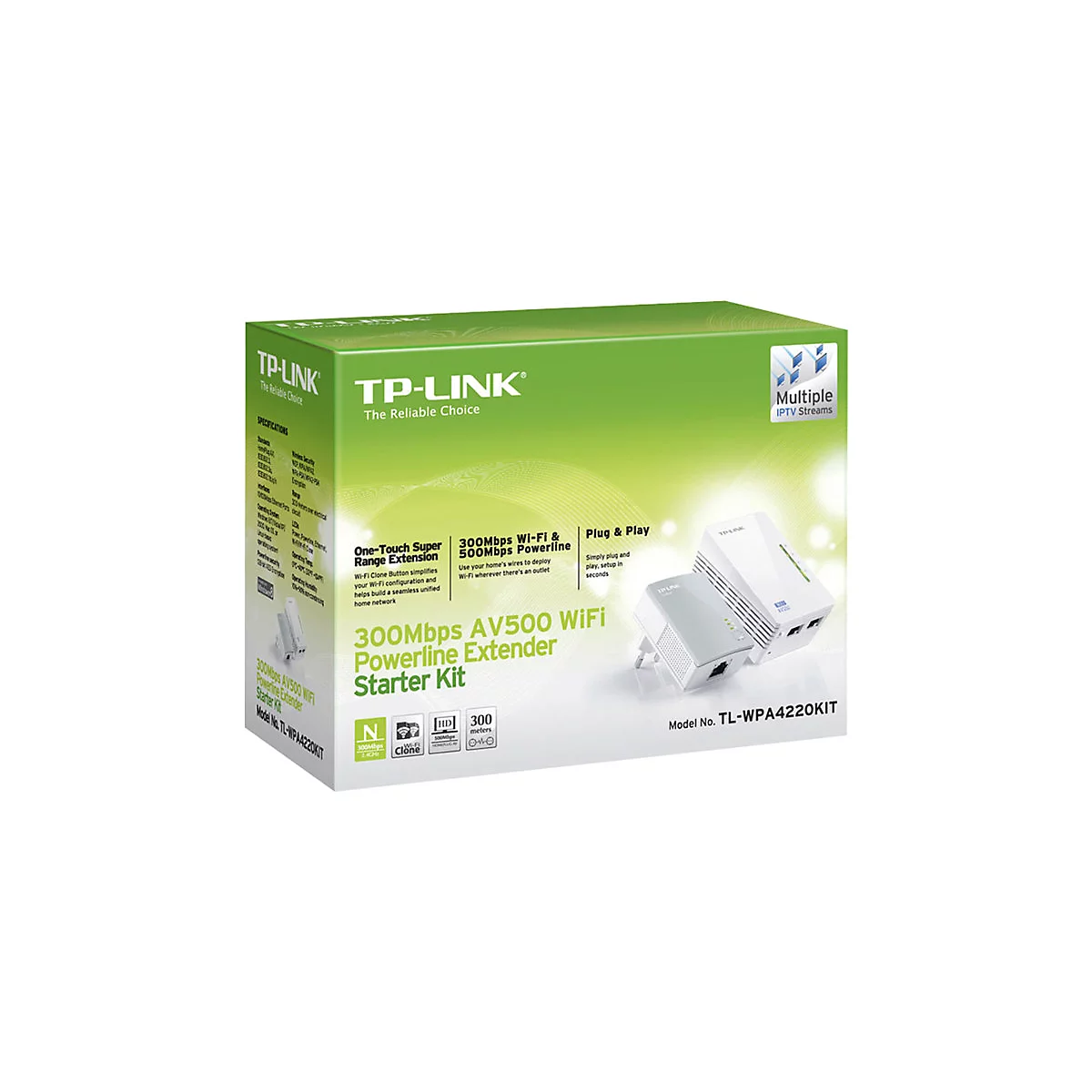 TP-Link AV500 Wi-Fi Powerline Extender Starter Kit auf Verpackung, grün-weiß. Text: TP-Link, Spezifikationen, Plug & Play.