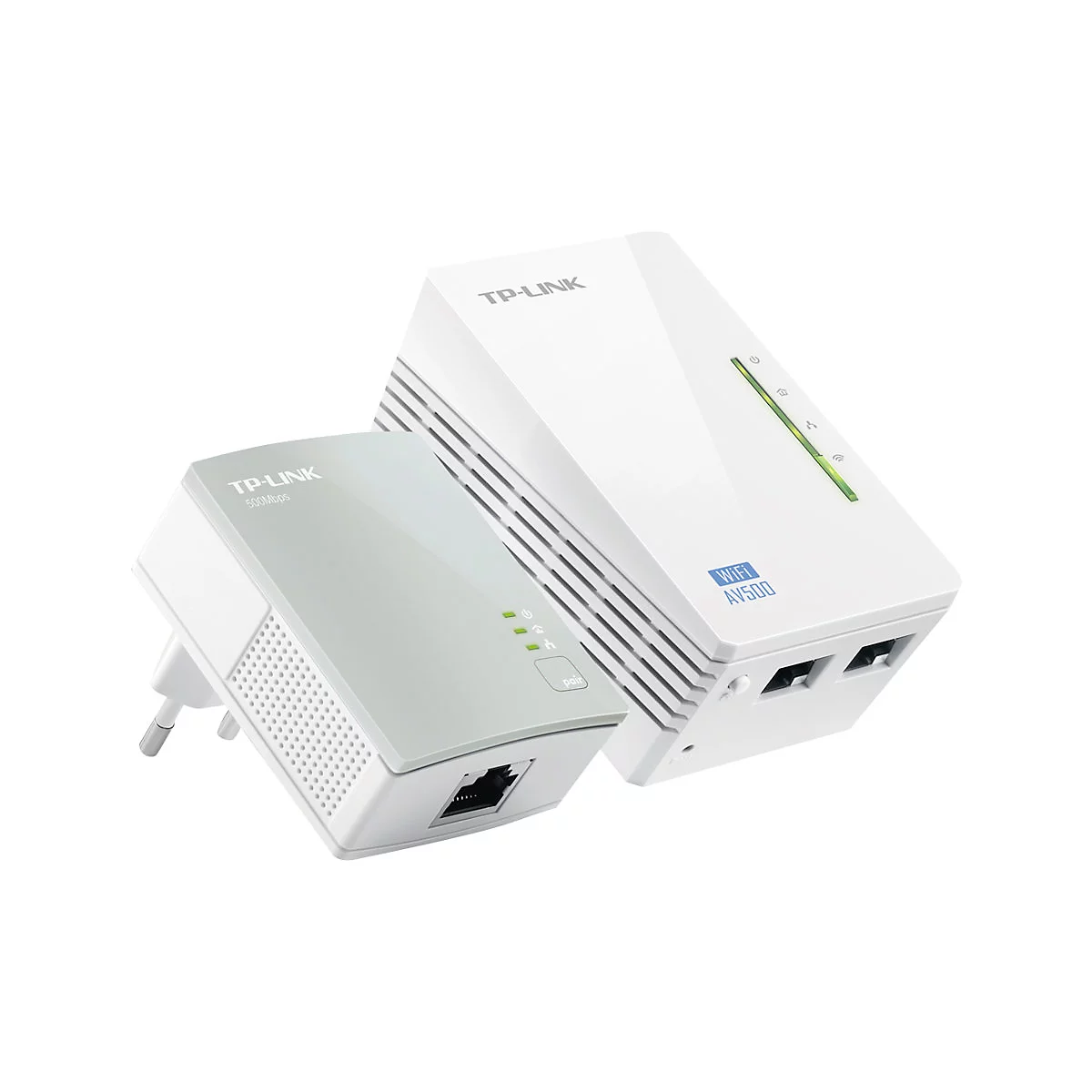 Zwei weiße TP-Link Powerline Adapter. Einer ist angeschlossen. Beschriftung: Wifi AV500. Mehrere Kontrollleuchten.