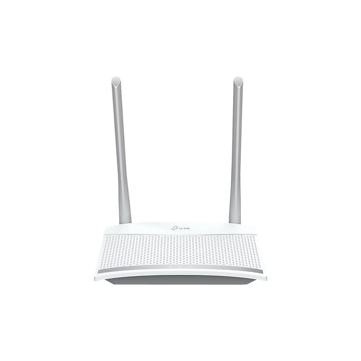 Weißer TP-Link WLAN-Router mit zwei abstehenden Antennen auf weißem Hintergrund.
