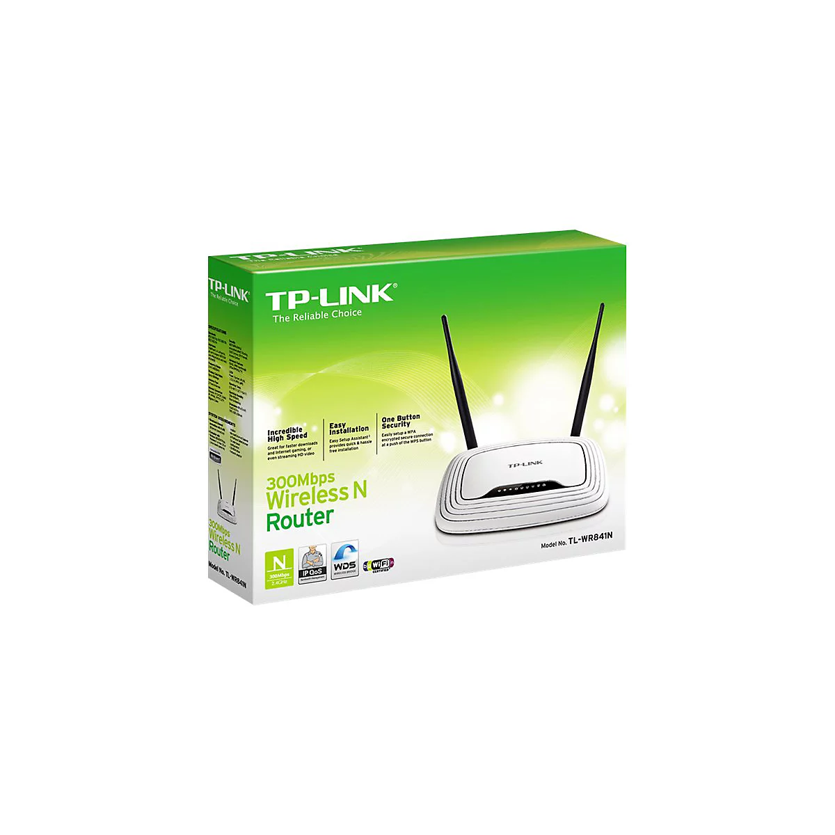 Un routeur TP-Link blanc avec des antennes noires, sur une boîte verte, avec des textes comme 'Wireless N Router' et '300Mbps'.