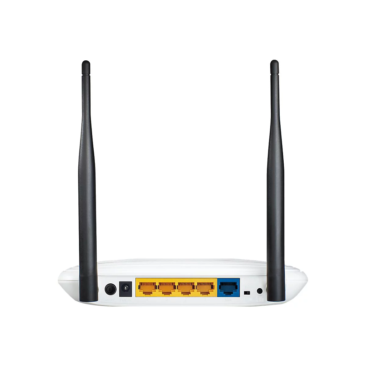 Ein weißer WLAN-Router mit zwei schwarzen Antennen und farbigen Anschlüssen.