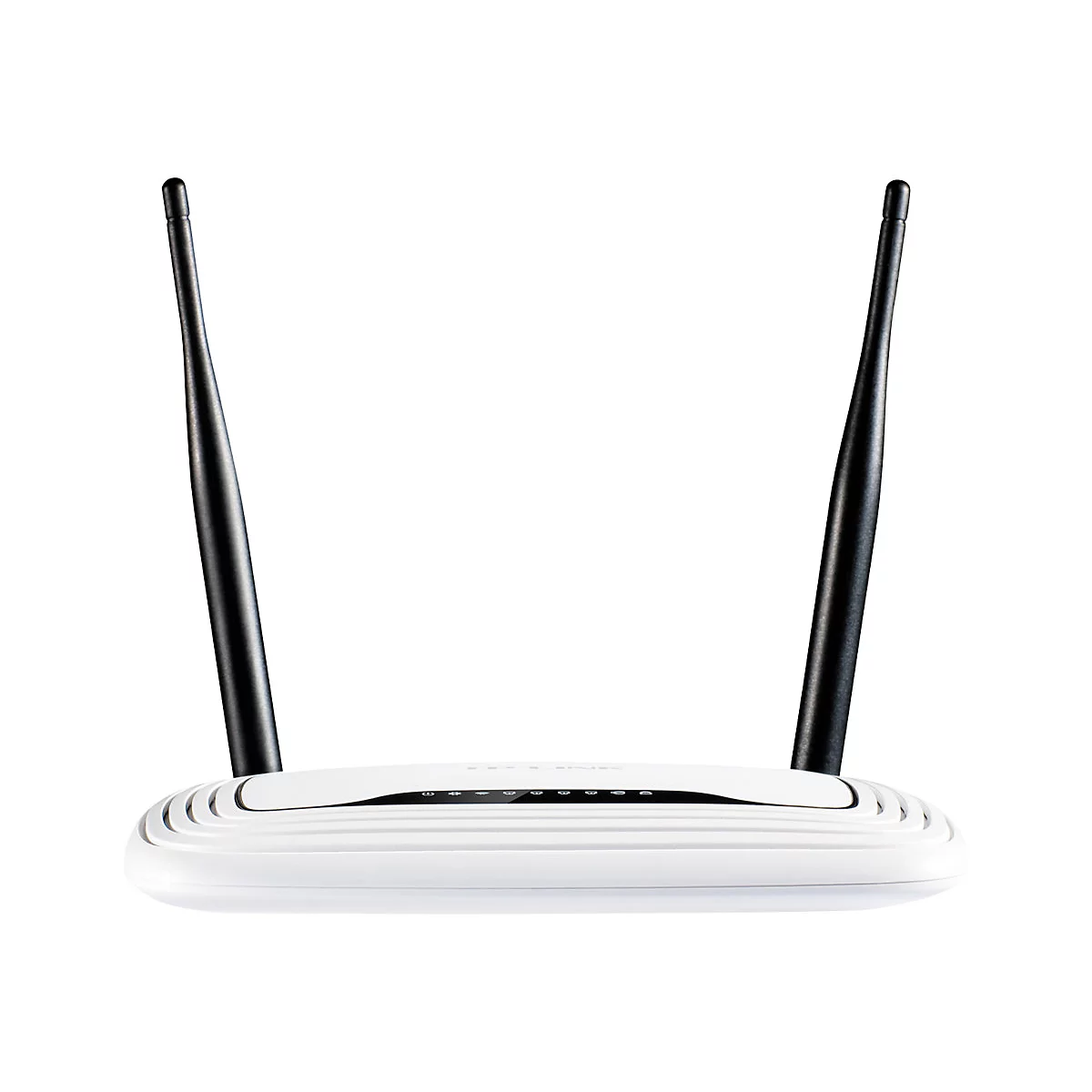 Weißer Router mit zwei schwarzen Antennen auf weißem Hintergrund. Oben links und rechts der Antennen abgerundet.