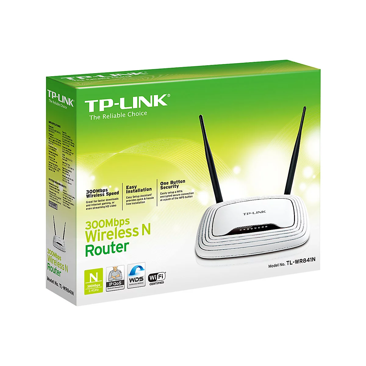 Ein weißer TP-Link Wireless N Router mit schwarzen Antennen, auf einer grünen Verpackung mit Produktinformationen.