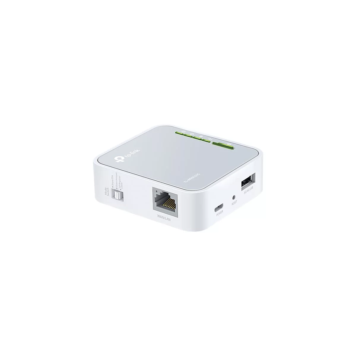 WeiÃŸer Router mit grauer Oberseite, AnschlÃ¼ssen und grÃ¼nen LEDs. Beschriftungen: WAN/LAN, USB, Power, Reset, tp-link.