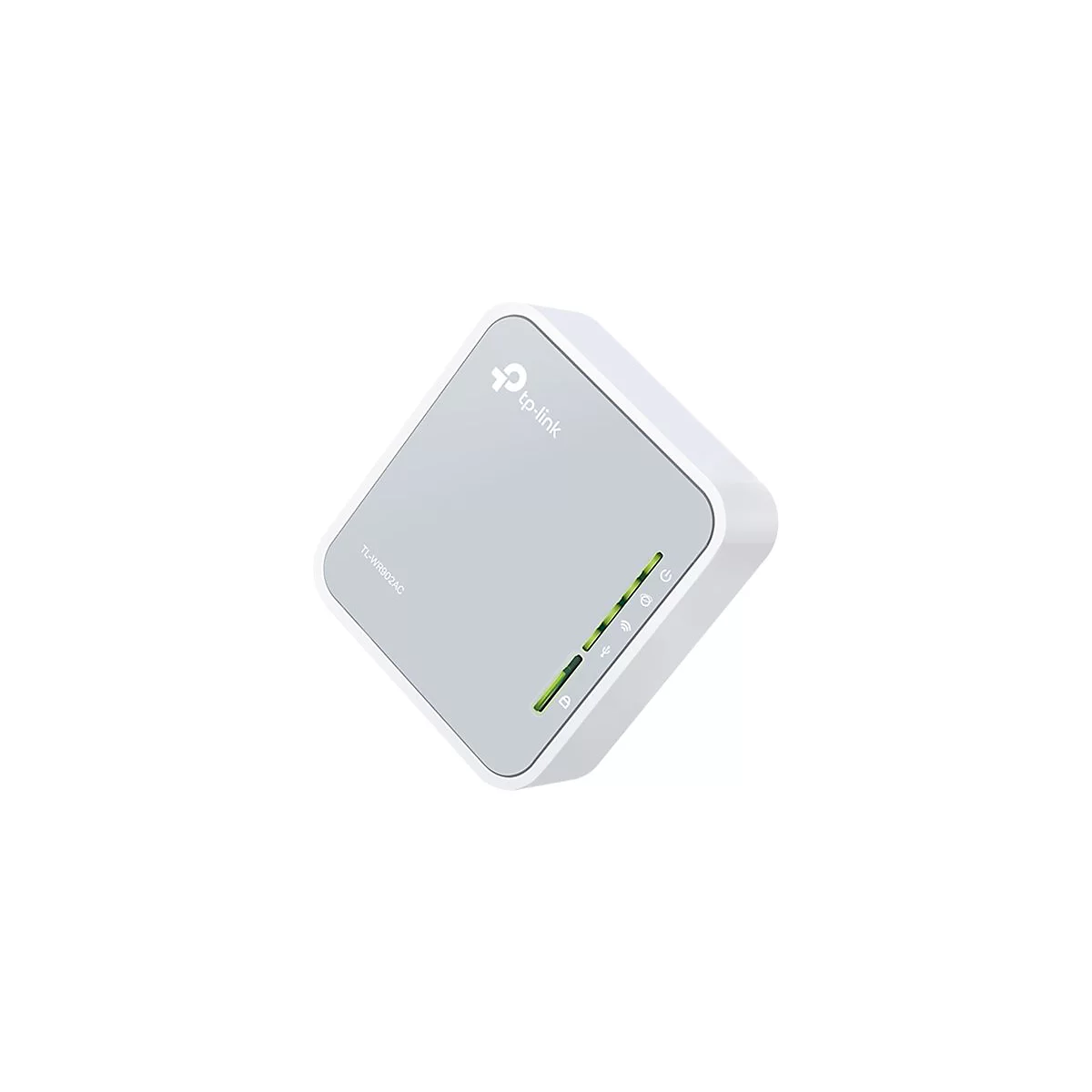 Ein weiÃŸes, quadratisches TP-Link-GerÃ¤t. Auf der OberflÃ¤che befinden sich grÃ¼ne LED-Leuchten.
