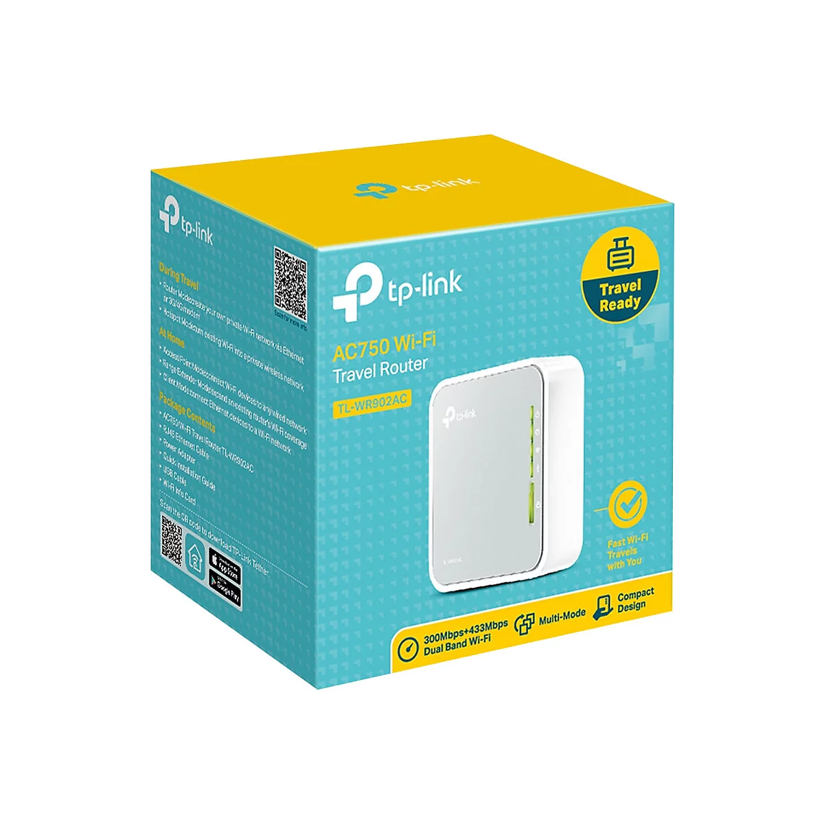 Der TP-Link AC750 Wi-Fi Travel Router in seiner Verpackung, blau und gelb. Aufdruck: Travel Ready, Dual Band Wi-Fi.