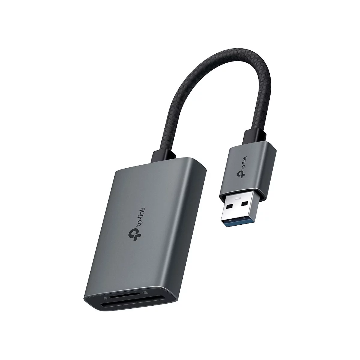 Lecteur de cartes gris avec connecteur USB-A et câble tressé. Le logo TP-Link est sur les deux parties.