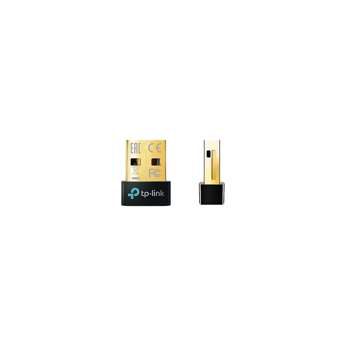 Zwei Ansichten eines schwarzen und goldenen USB-WLAN-Adapters. Der Adapter ist mit tp-link und diversen Zertifizierungen beschriftet.