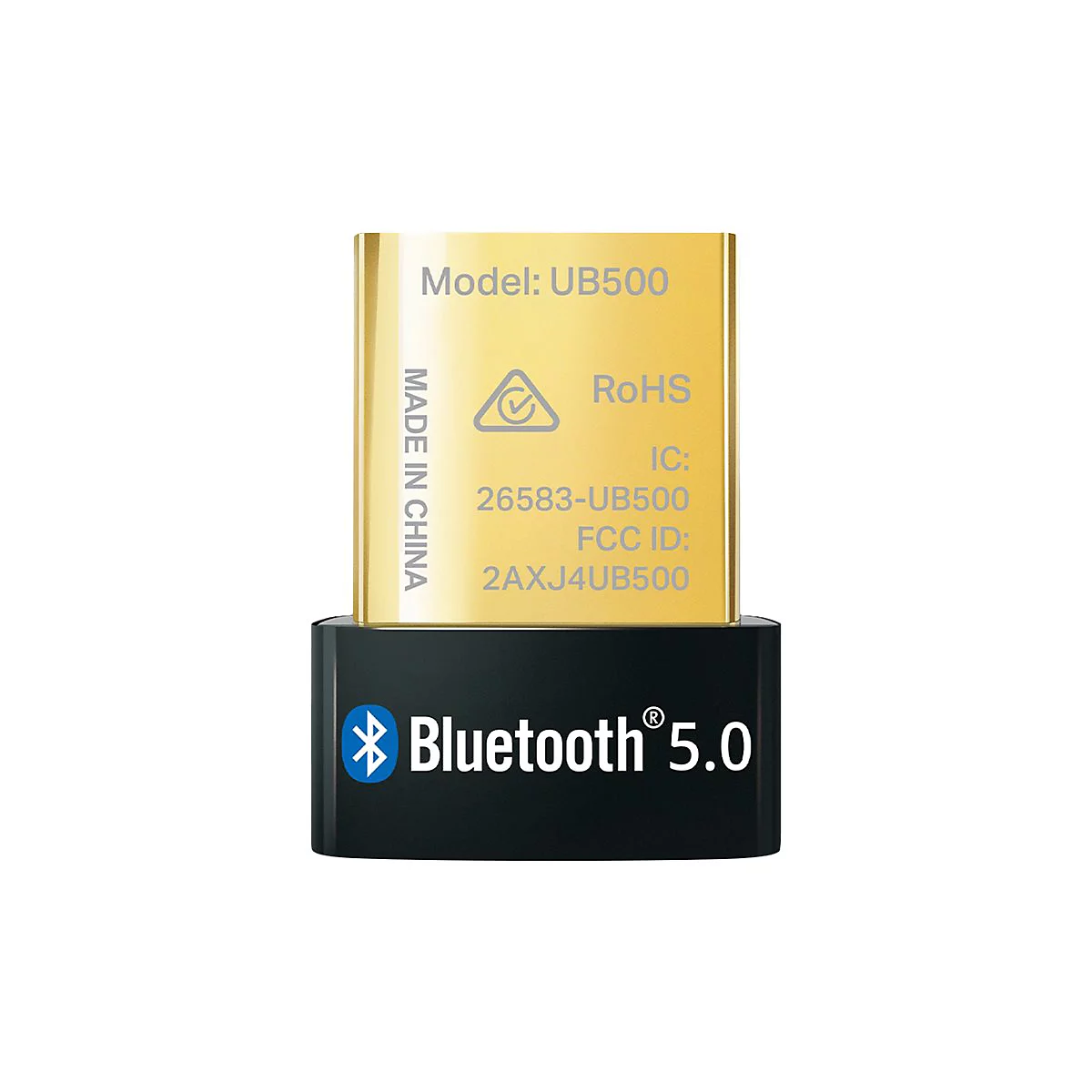 Kleiner, goldfarbener Bluetooth-Adapter mit schwarzen Sockel, mit Logos und Schriftzügen wie "Bluetooth 5.0" und "Made in China".