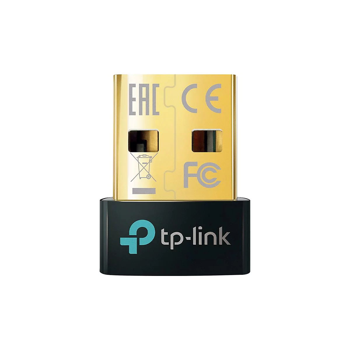 Nahaufnahme eines TP-Link WLAN-USB-Adapters. Goldener Stecker mit Zertifizierungen, schwarzes Gehäuse mit Logo.