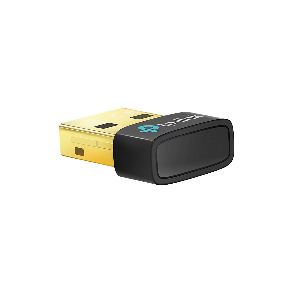 Ein goldener USB-Adapter mit schwarzem Gehäuse und tp-link-Logo.